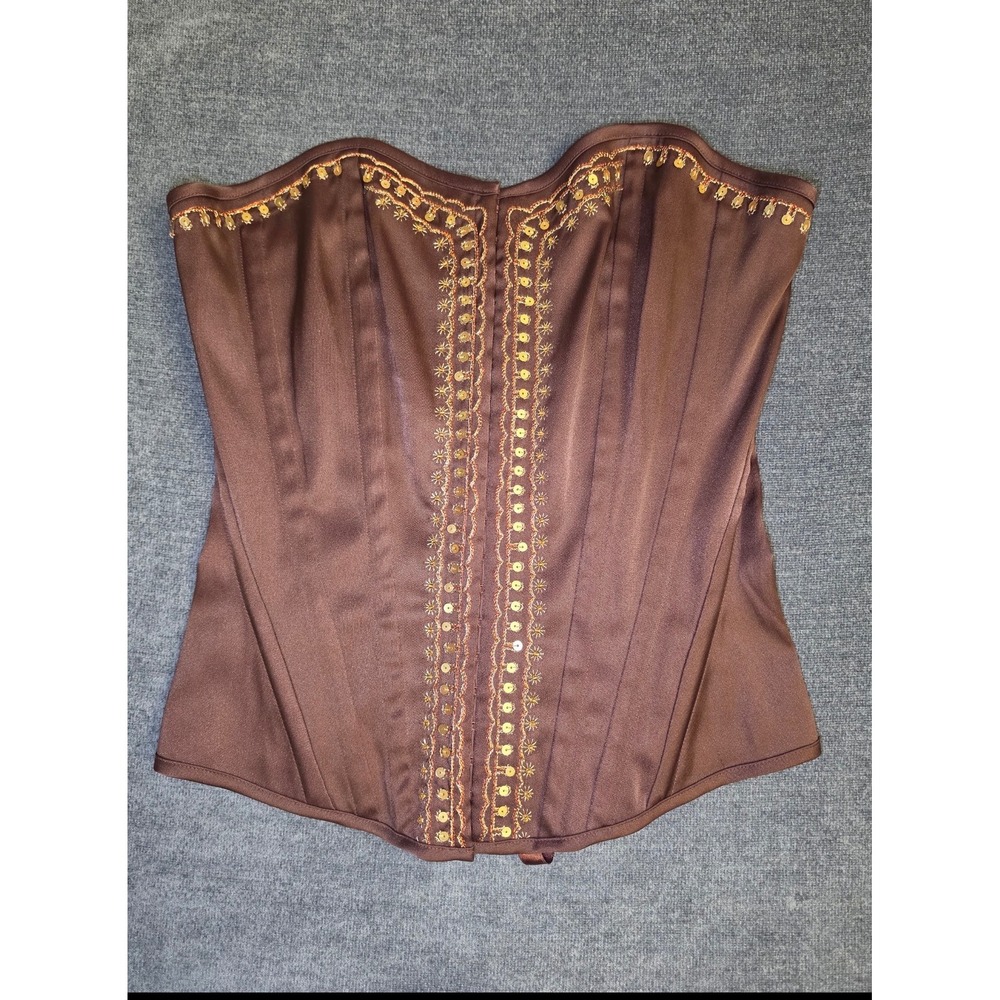 Charlotte Russe Brown Satin Corset Top L Y2K Fairycore Lace Up Gold Embroidered